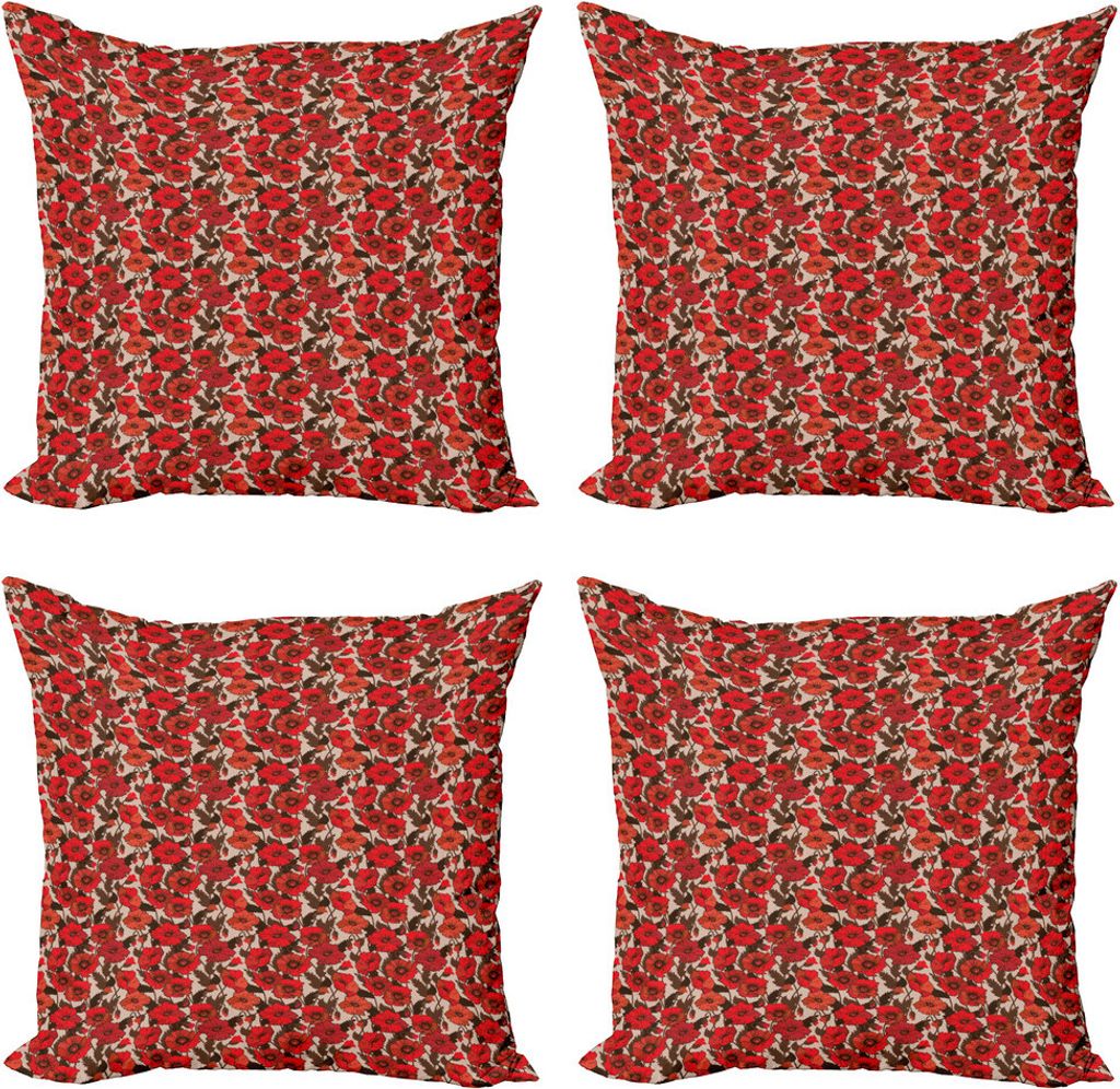 ABAKUHAUS Botanisch Kissenbezug Set (4 Stück), Mohnblumen auf Tupfen, Moderner Doppelseitiger Digitaldruck, 60 cm x 60 cm, Vermilion Multicolor