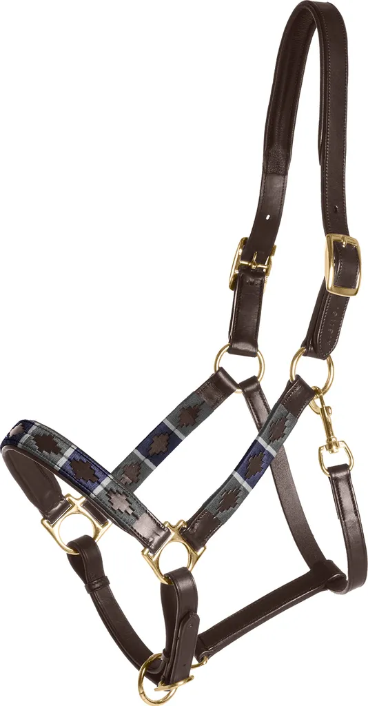 Licol en cuir Kieffer Stall marron avec motif gris et bleu taille VB