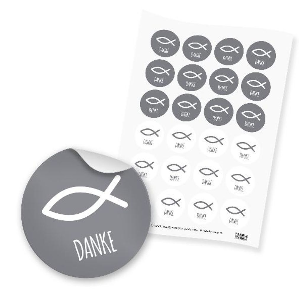 24x Sticker Fisch Danke (Motiv 92) grau 4cm Taufe Kommunion Konfirmation Geburt