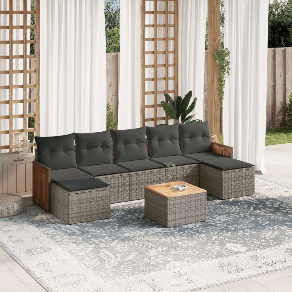 8-tlg. Garten-Sofagarnitur - mit Kissen Grau Poly Rattan - Produktbild 