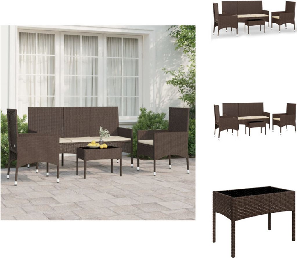vidaXL 4-tlg. Garten-Lounge-Set mit Kissen Braun Poly Rattan - Gartenmöbel-Sets