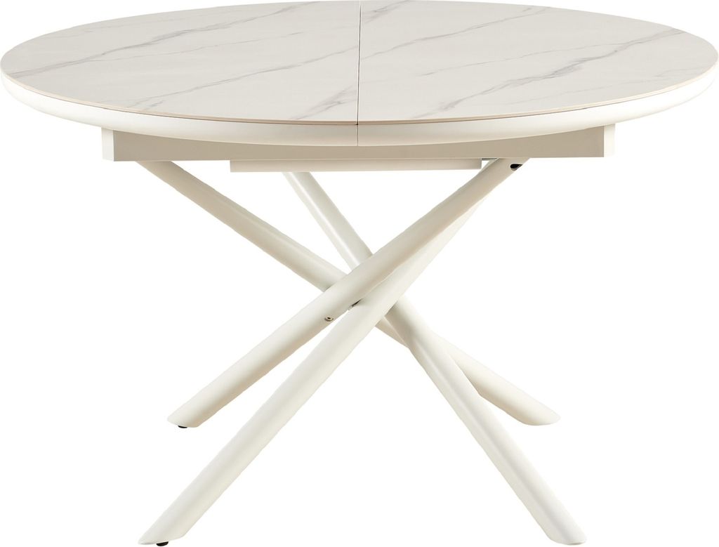 SalesFever Esstisch Ø 120 cm | rund - ausziehbar | Tischplatte Marmor-Optik aus MDF und Keramik | Gestell Metall | B 120 x T 160 x H 76 cm | weiß