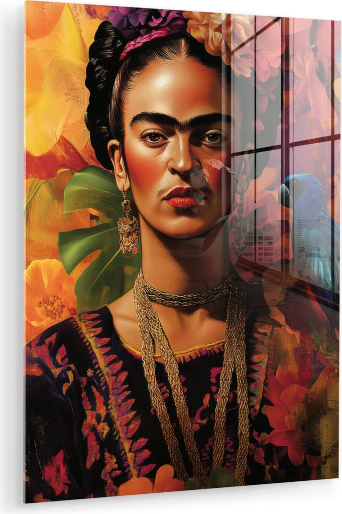 MuchoWow Glasbilder - Bilder auf Wandbild - Foto auf Glas Frau - Blumen - Papagei - Malerisch 60x80 cm Wanddekoration aus Glas - Acrylglasbild - Ac...