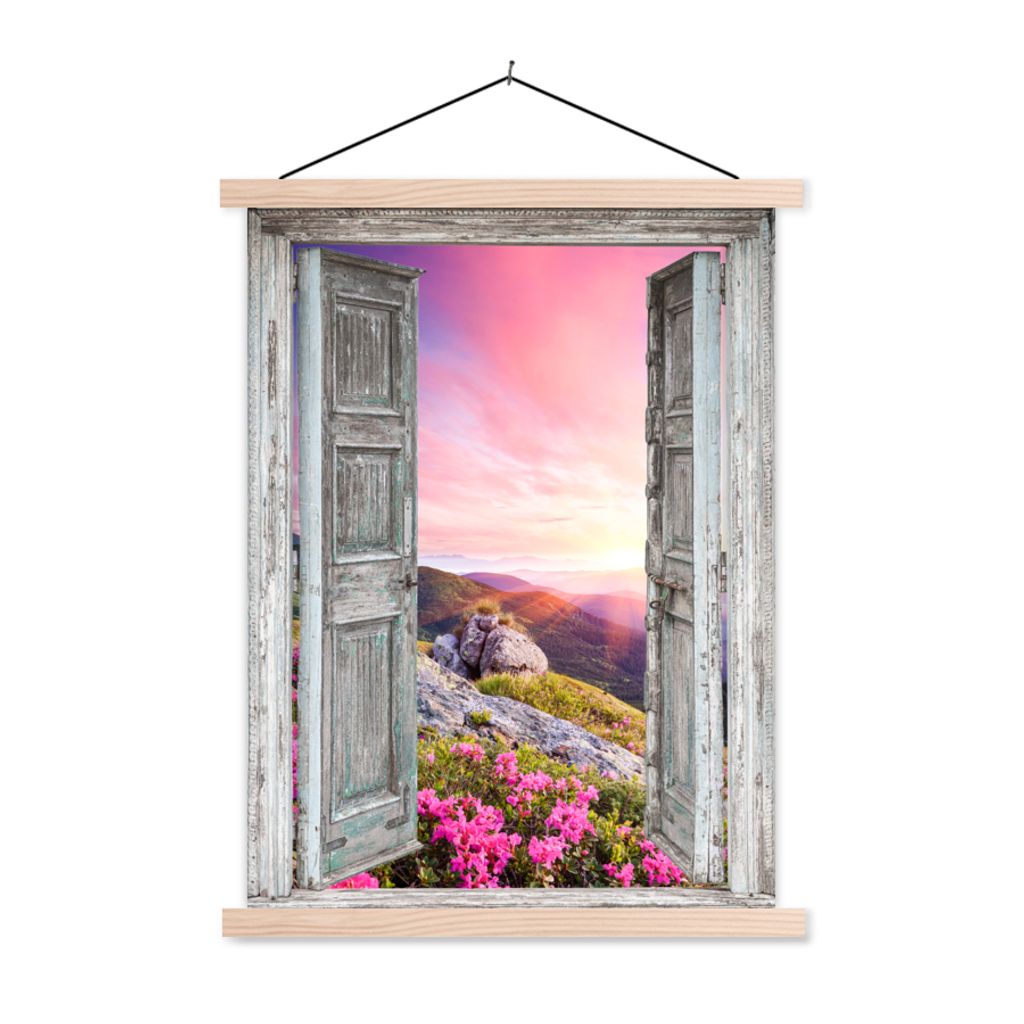 MuchoWow Textilposter Berge - Landschaft - Aussicht - Blumen 40x53 cm mit holzfarbenen Rahmen - Schlafzimmer