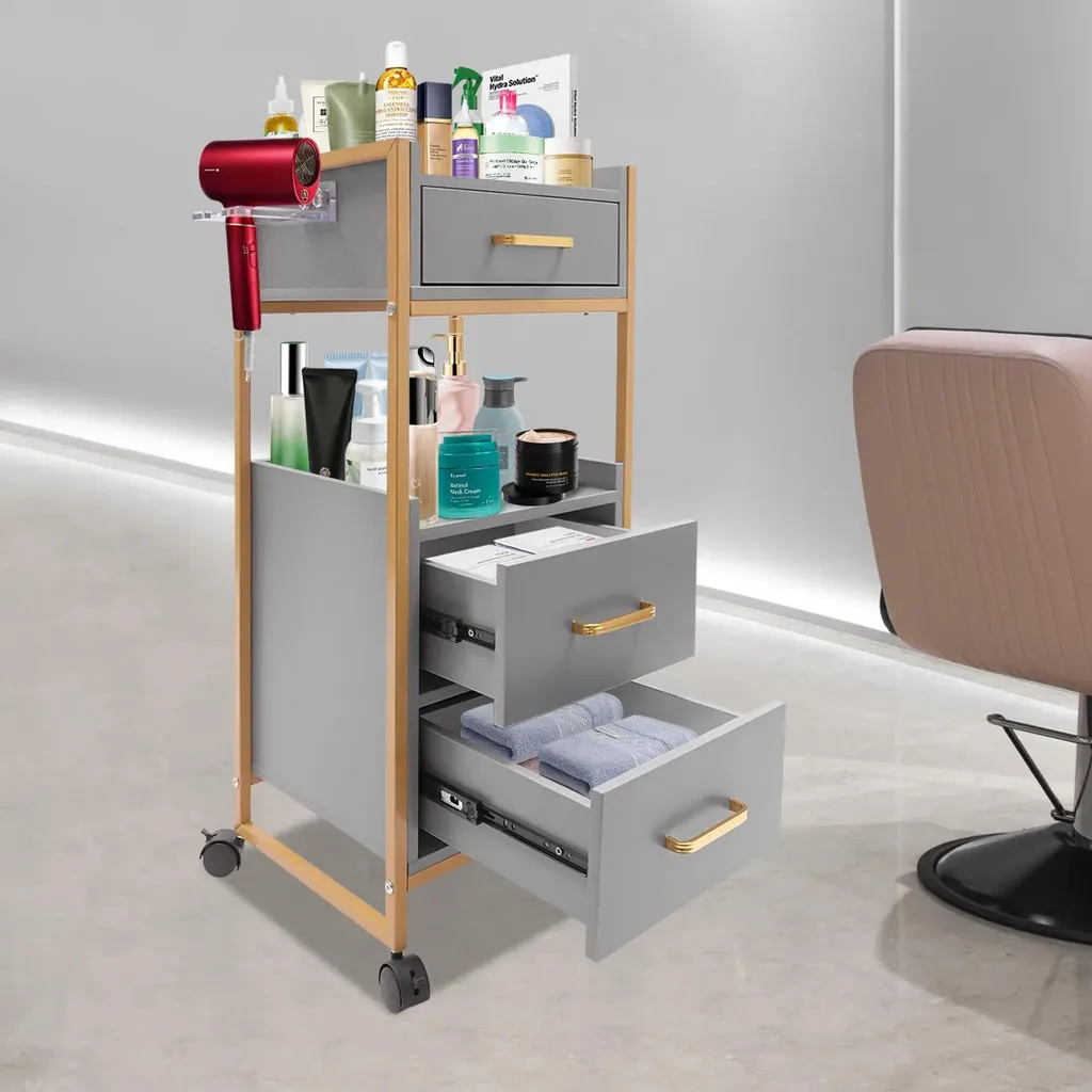 Chariot de coiffure robuste 80kg avec 3 tiroirs et structure métallique