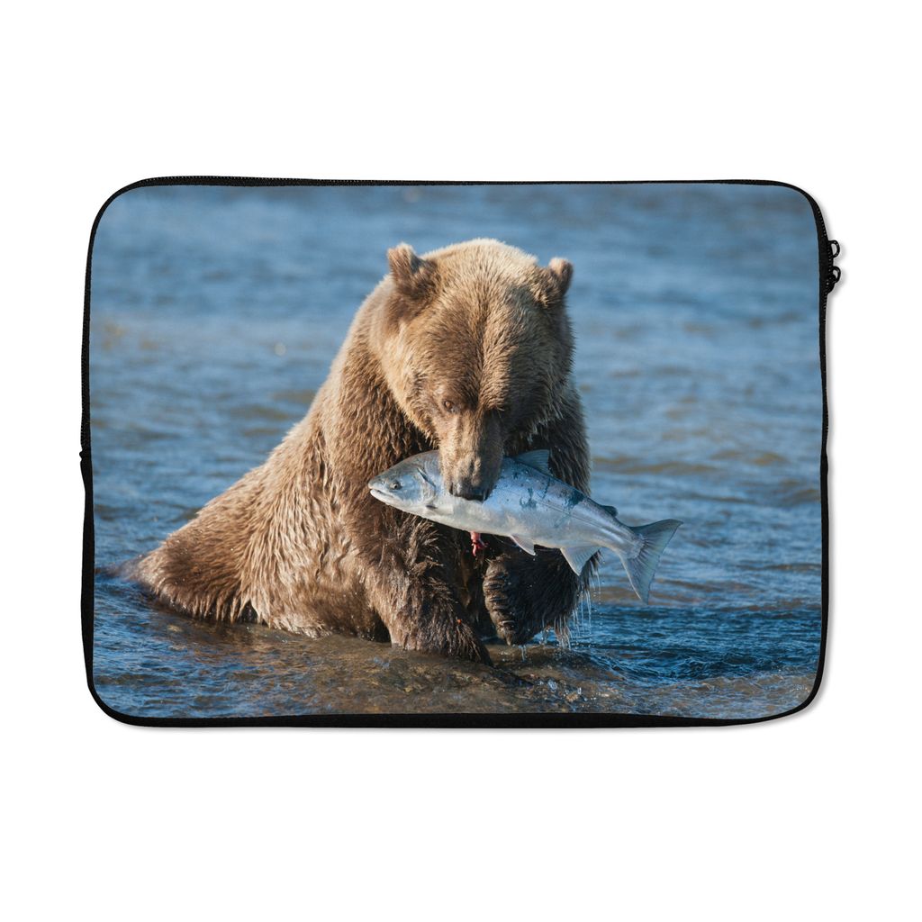 MuchoWow Laptop Hülle 13 Zoll Bär - Braun - Fisch Laptoptasche - Laptophülle - Sleeve - Rundumschutz