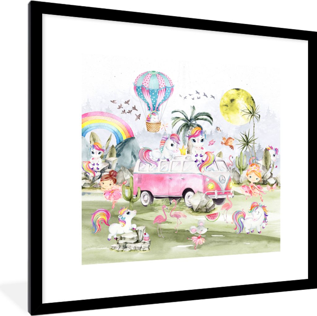 MuchoWow Gerahmtes Poster Einhorn - Regenbogen - Kinder - Mädchen - Auto 40x40 cm - Poster mit Schwarzem Bilderrahmen Wandposter Rahmen Foto Bil...