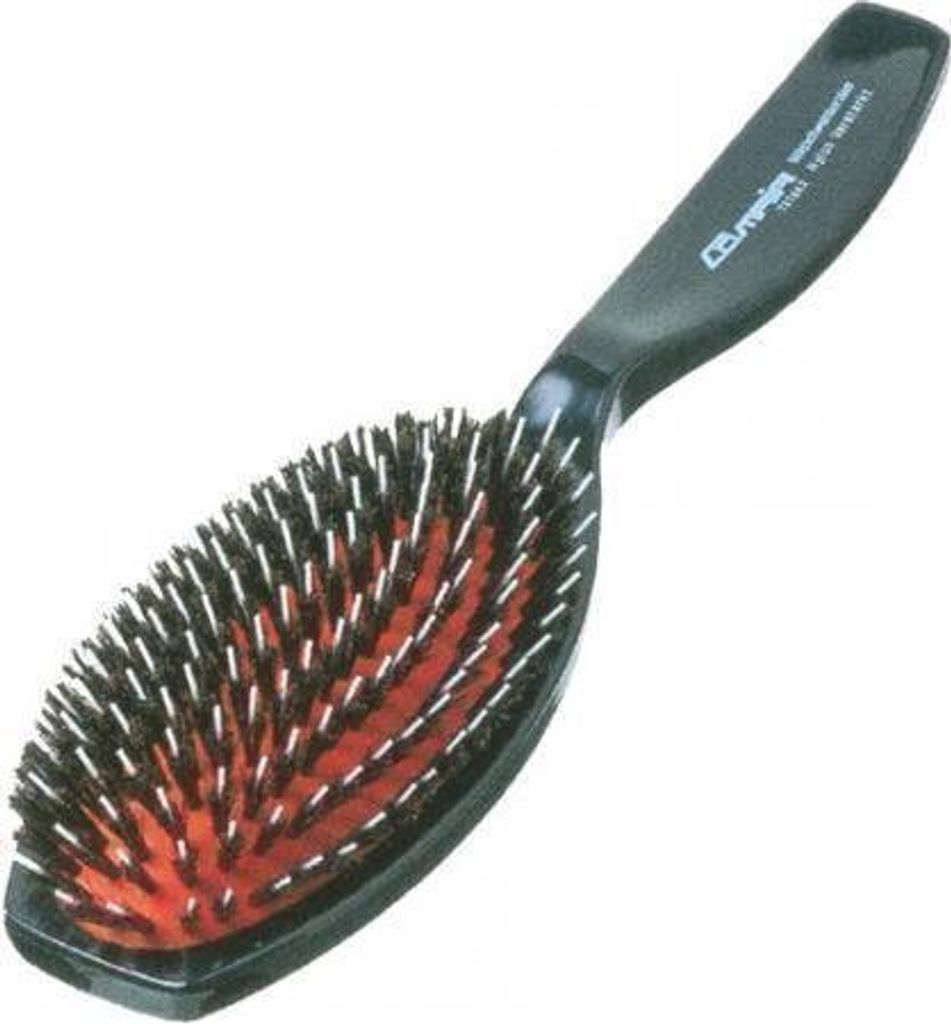 A black oval hairbrush with red bristles and white nylon pins, set against a white background.