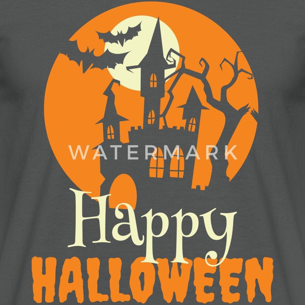 Spreadshirt Happy Halloween Spukhaus Mit Vollmond Und Fledermaus Männer T-Shirt, M, Anthrazit
