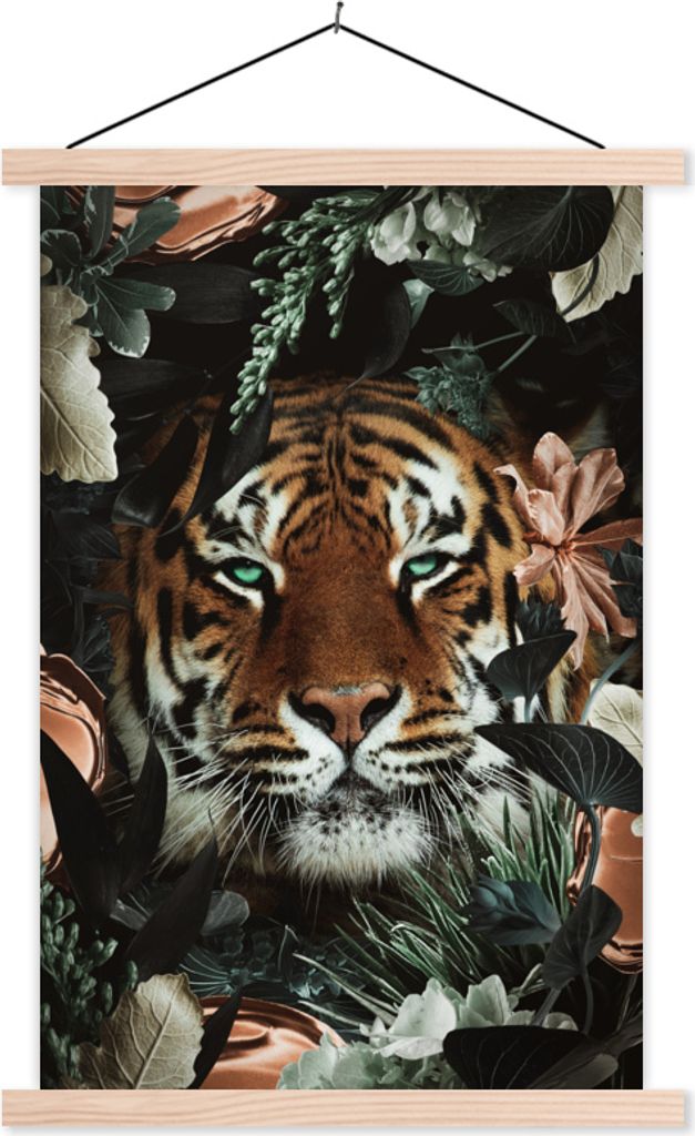 MuchoWow Textilposter Tiger - Botanisch - Blumen 120x180 cm mit holzfarbenen Rahmen - Textil-Plakat