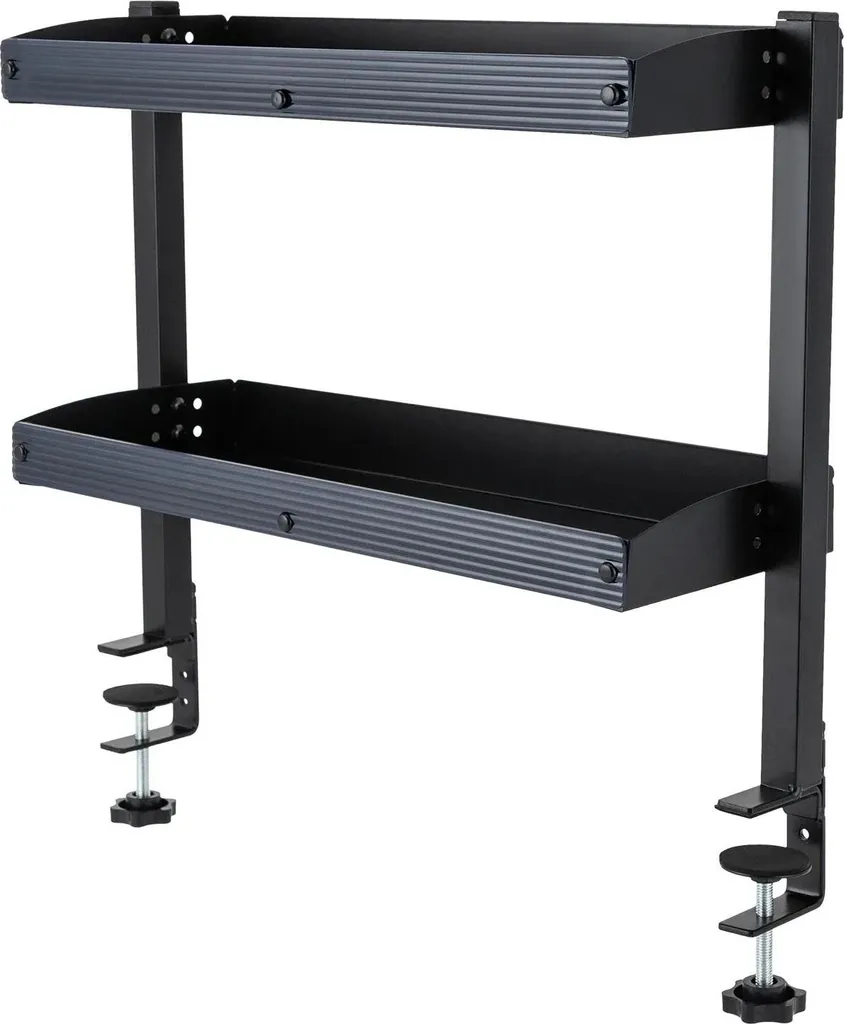 Scaffale con morsetto da scrivania - Organizer da scrivania, 2 ripiani - Vano portaoggetti regolabile - Montaggio sopra o sotto la scrivania - Acciaio - Per accessori da gaming