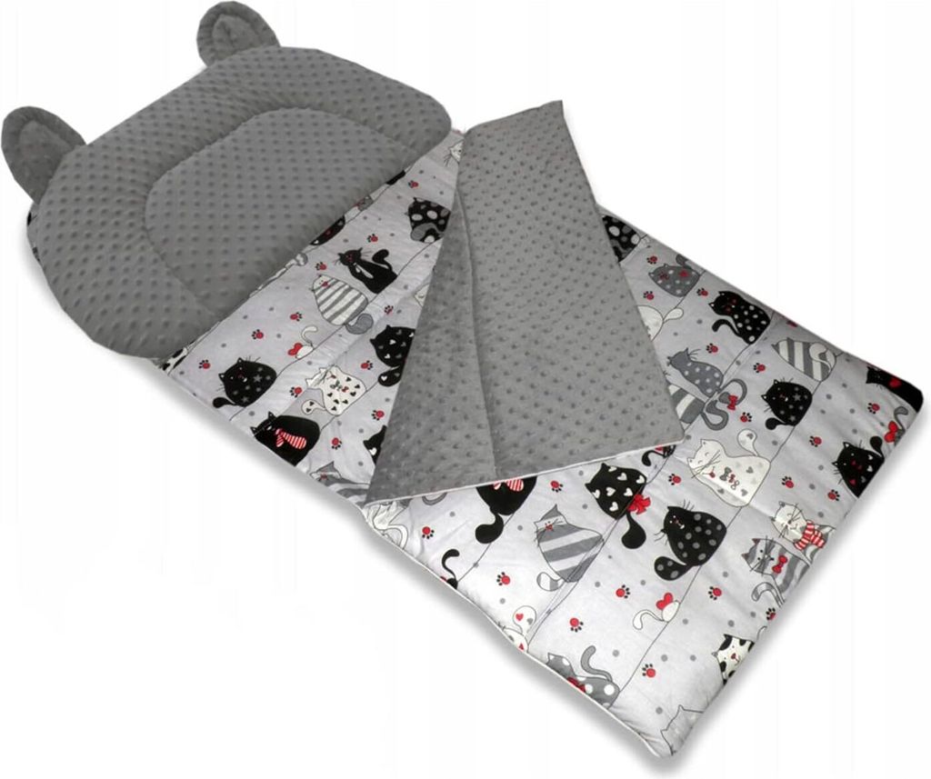 Schlafsack Fußack für den Kindergarten Minky Bär mit Kissen Grau-Rot Katzen