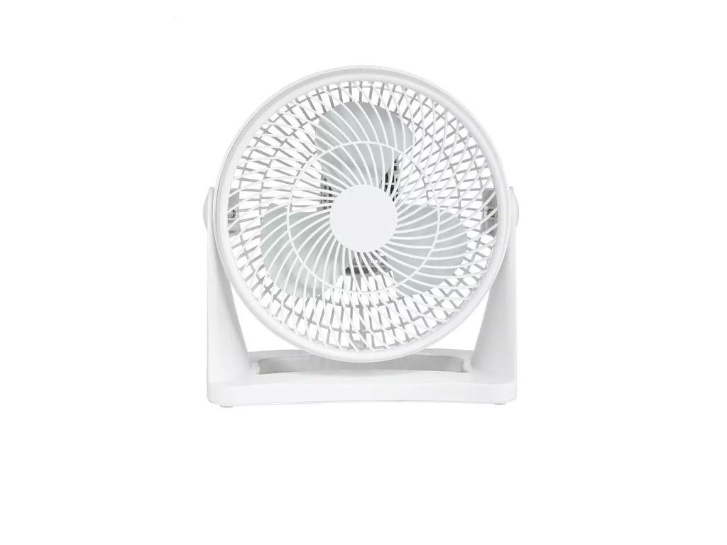 A white electric fan is displayed against a white background.