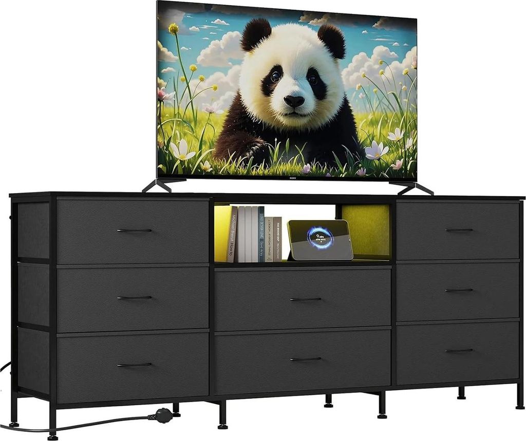 TV Lowboard TV-Schrank - Medienmöbel - LED-Beleuchtung - Metall & Holz - Stoffschubladen - Für Wohnzimmer - Grau