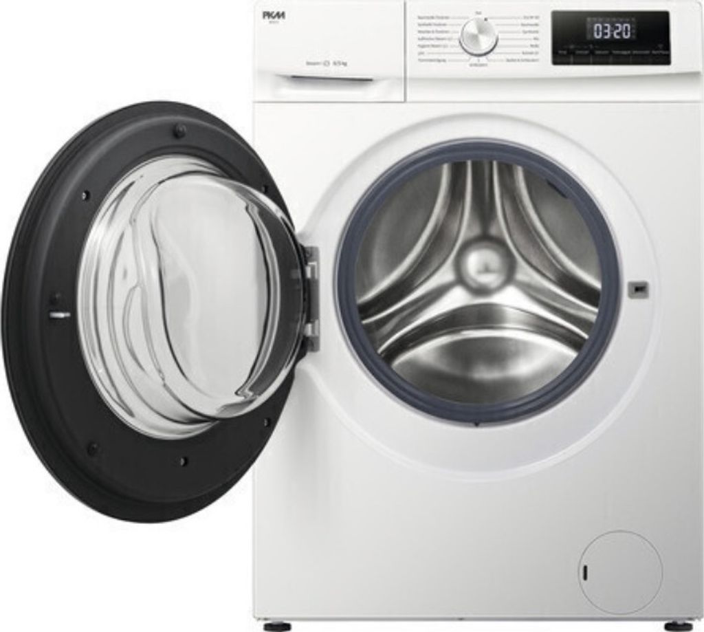 A front-loading washing machine with its door open.