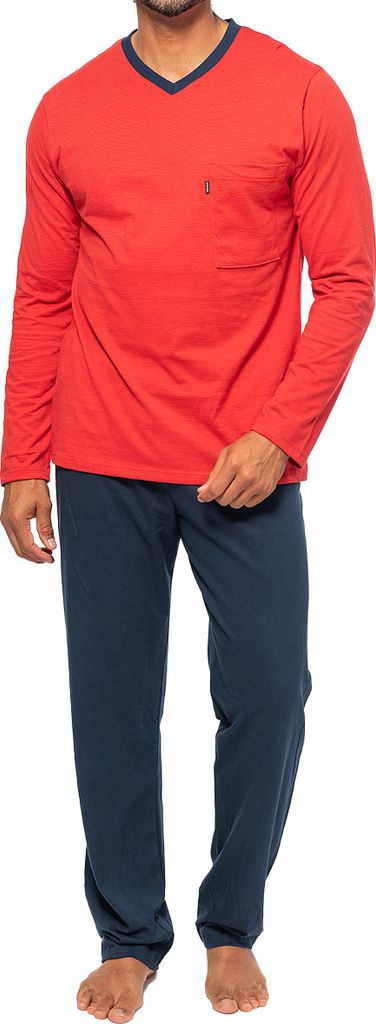 Ammann Organic Baumwolle Schlafanzug Langarm Oberteil mit V-Ausschnitt und Brusttasche, Lange Hose mit legerem Schnitt, Hoher Tragekomfort durch Ba...