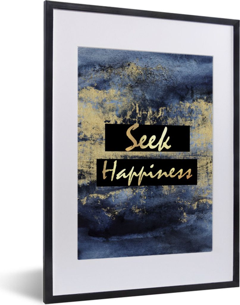 MuchoWow Gerahmtes Poster Zitat - Glück - Gold - Blau 30x40 cm - Poster mit Schwarzem Bilderrahmen Wandposter Rahmen Foto Bilder - Wandposter Sc...