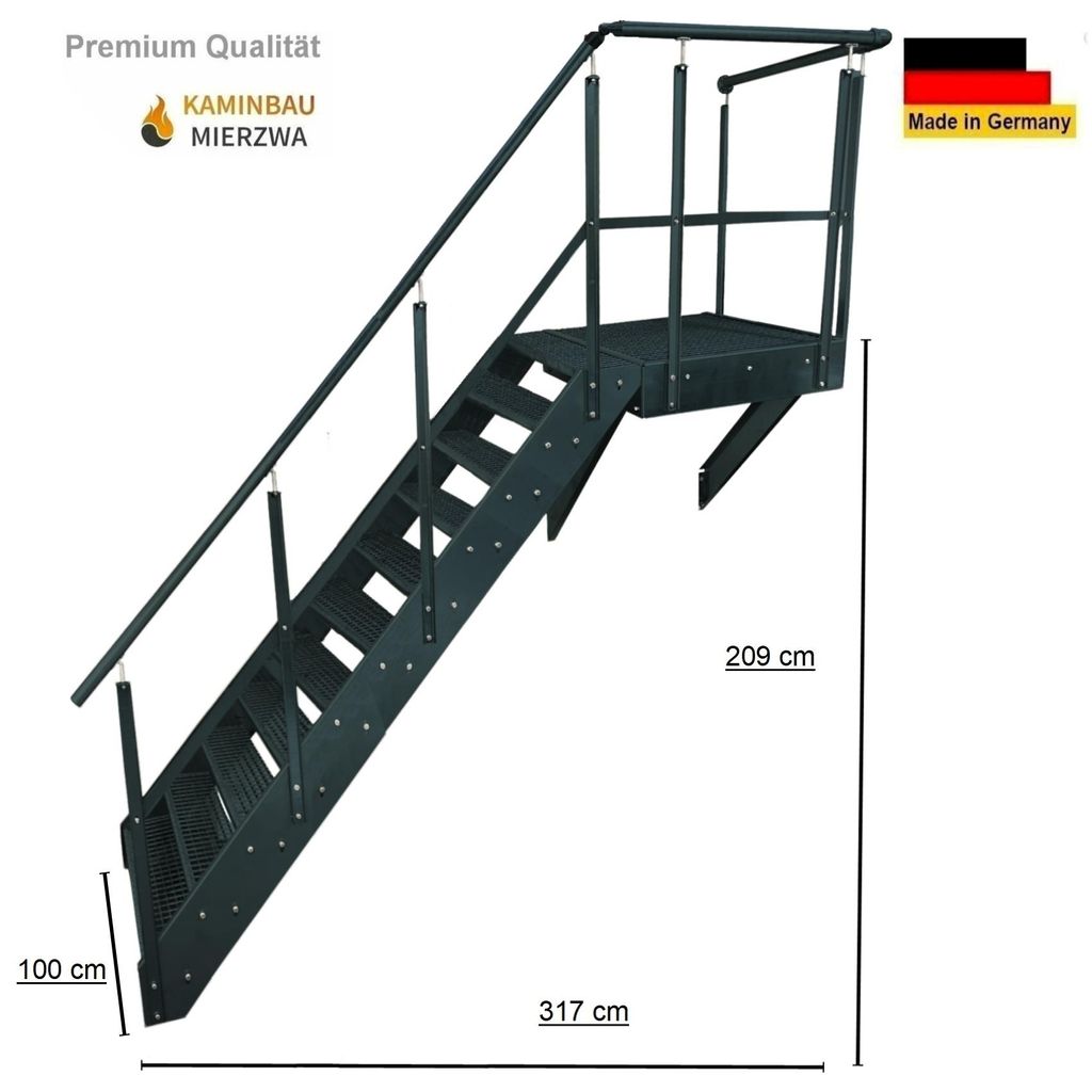 Podesttreppe Wangen- Stahltreppe 11 Stufen Höhe 209cm inklusive Podest 100x100cm mit Geländer Anthrazit / Ausrichtung Treppe Links / Aussentreppe