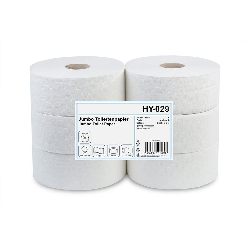 HyPaFol Jumbo-Toilettenpapier, 3-lagig, Zellstoff weiß, Ø 24 cm, 6 Rollen