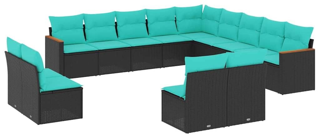 vidaXL 13-teiliges Gartensofa-Set mit Kissen, schwarzes Polyrattan