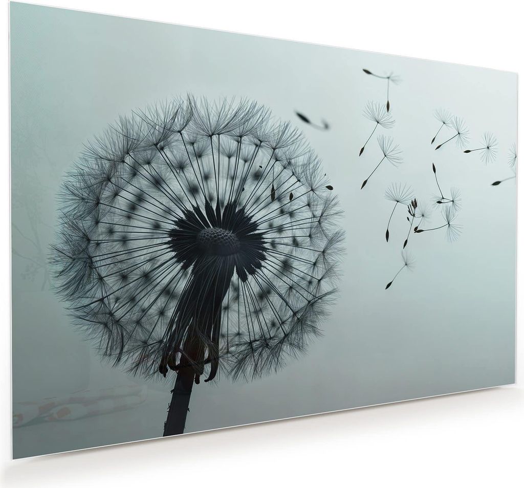Glasbild 90x60cm in XXL für Wohnzimmer, Schlafzimmer Motiv Pusteblume im Wind