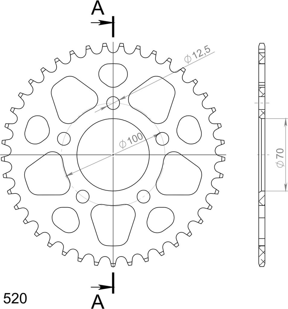 Alu-Kettenrad Supersprox 520 - 41Z (schwarz) RAL-728:41-BLK|ID 70,0 LK 100,0 5-Loch