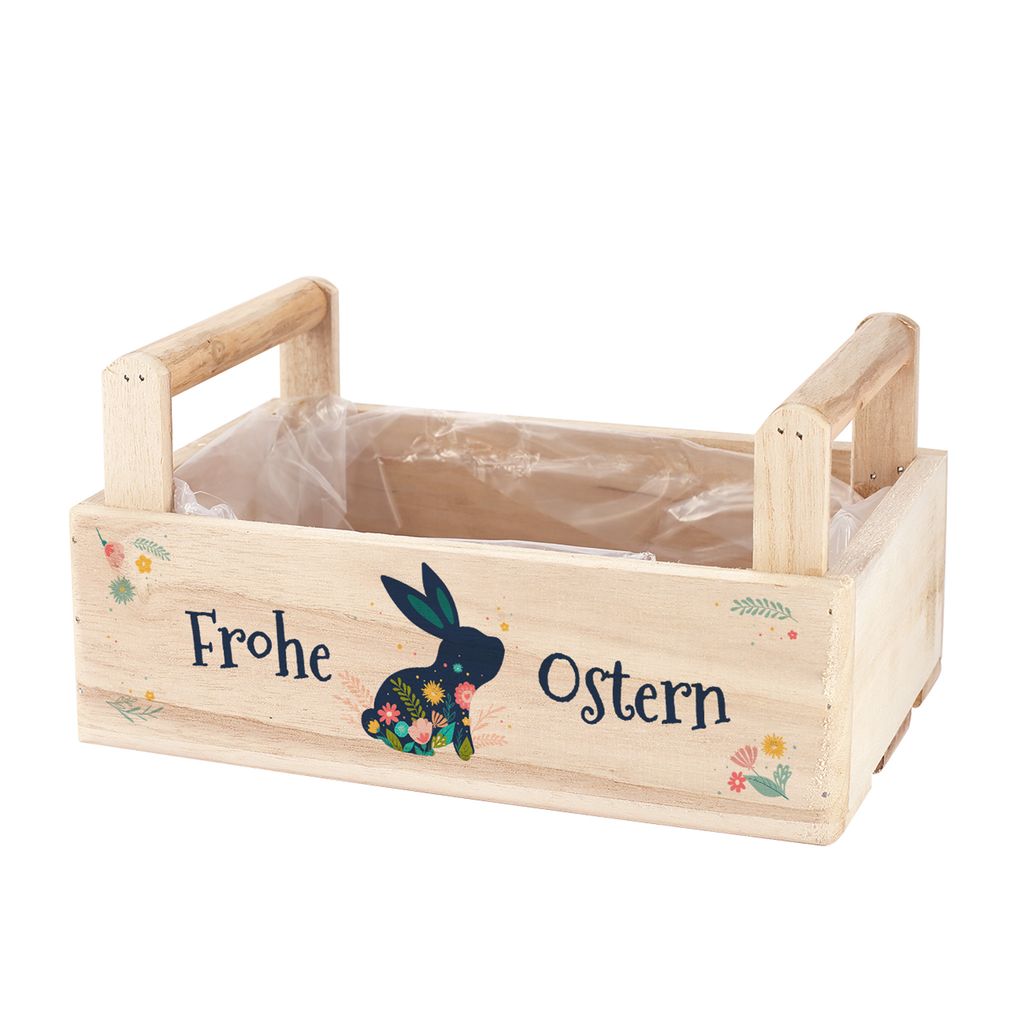 Osterkorb aus Holz mit Motivdruck – Geschenkbox zu Ostern - Pflanzkorb mit 2 Griffen (Hase & Blumen)