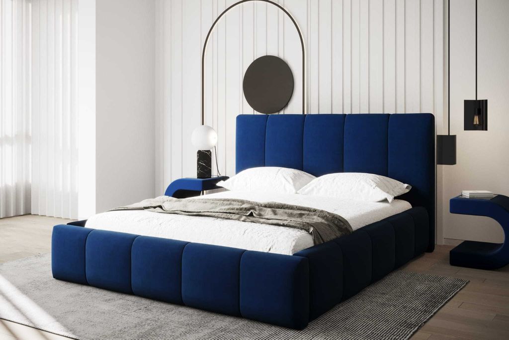 AGMAT Polsterbett MEDIOLAN mit Kopfteil, 180 x 200 cm, Doppelbett mit Bettkasten und Lattenrost aus Metall, Velourstoff: Blau