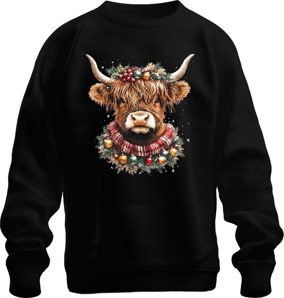Highland Kuh Weihnachtskranz Christbaumkugeln Schal Retro Uni Sweatshirt Pullover, Schwarz, S