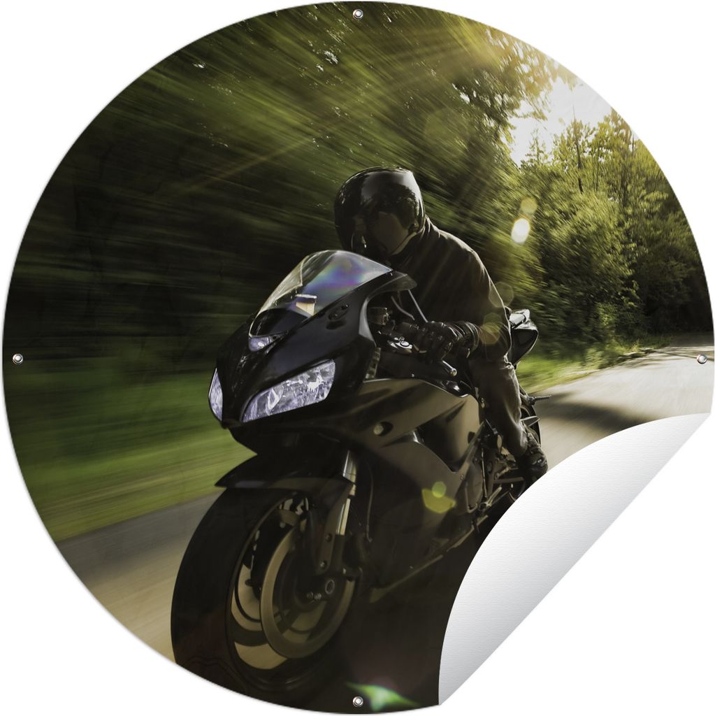 MuchoWow Gartenposter Outdoor-Poster Rund Sportliches Motorrad im Sonnenschein Ø 90 cm Gartendeko Rundes Poster draußen