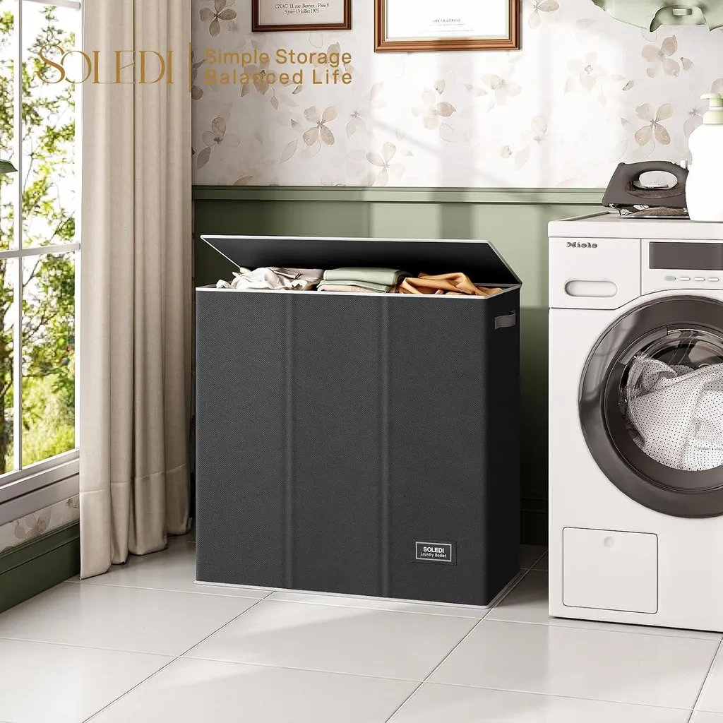 Panier à linge 160L avec 3 compartiments et couvercle noir - Modèle XL - 3