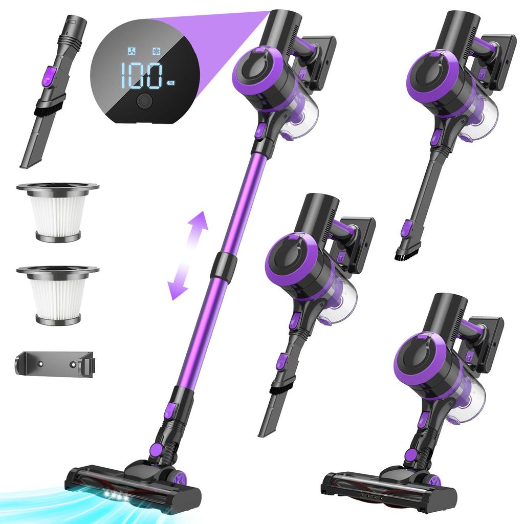 A collage of images showing a purple and black cordless vacuum cleaner from different angles, along with its accessories and a digital display.