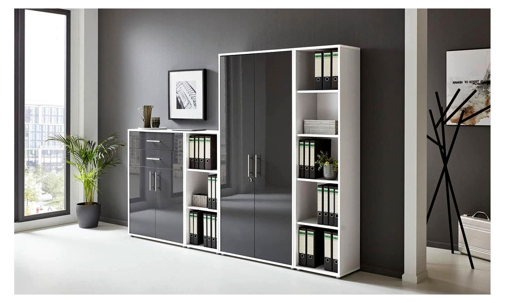 Aktenschrank Office Edition Set 22, abschließbarer Büroschrank mit Metallgriffen, hergestellt in Deutschland (Weiß/Anthrazit Hochglanz)