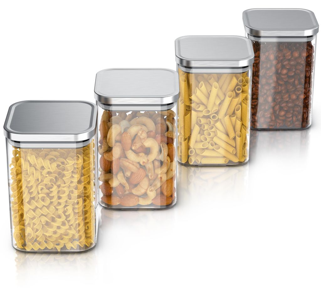 Arendo Vorratsgläser, Glasbehälter-Set 4x 1,2 L Borosilikatglas mit Edelstahldeckel, eckig, luftdicht, 4er Set, hitzebeständig, umweltfreundlich...