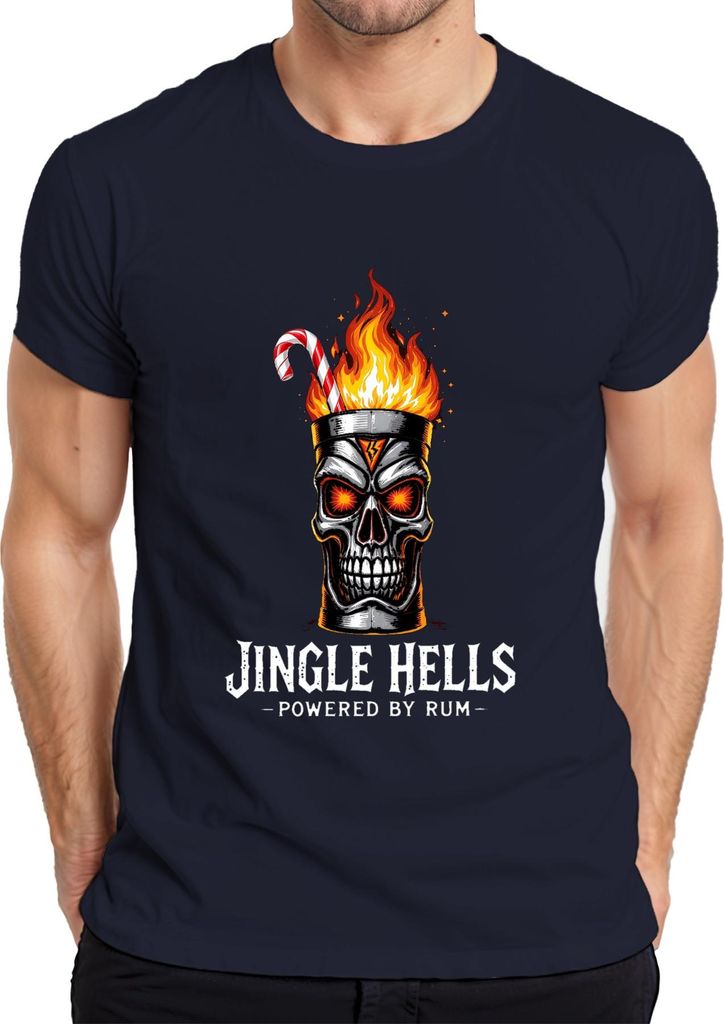 Jingle Hells Powered by Rum Totenkopf Flamme Gothic Geschenk Herren T-Shirt, Navy, L