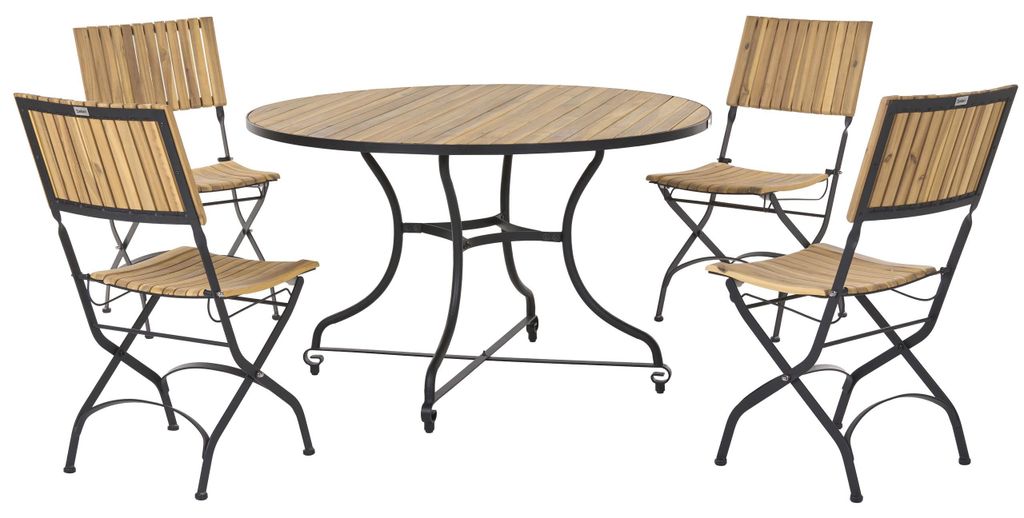 BELIANI Gartenmöbel Set Hellbraun aus Akazienholz und Stahl 4 Gartenstühle mit Gartentisch Rund Modern Essgruppe Sitzgarnitur Outdoor Garten