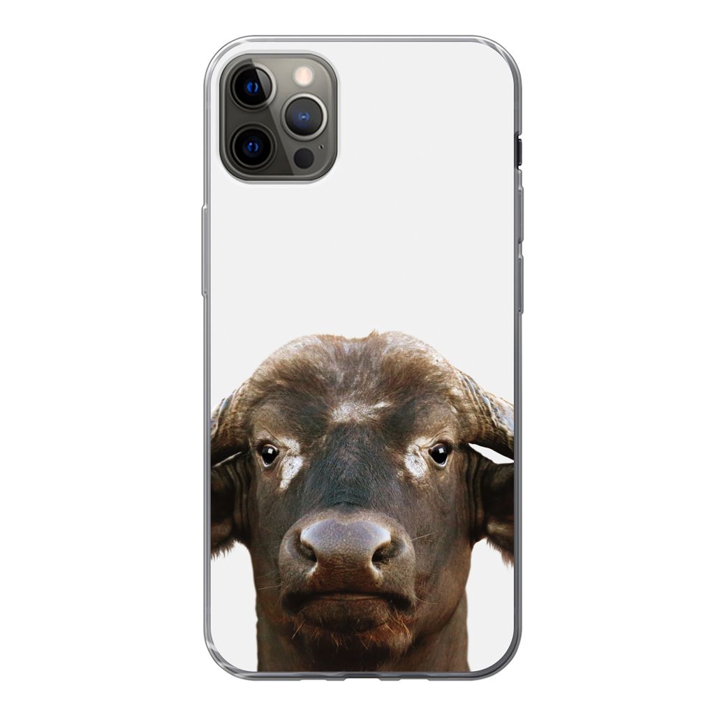 MuchoWow Handyhülle Schutzhülle Hülle für iPhone 12 Pro Max Büffel - Wasserbüffel - Kopf - Kuh - Hörner - Jungen - Mädchen Silikon Softca...