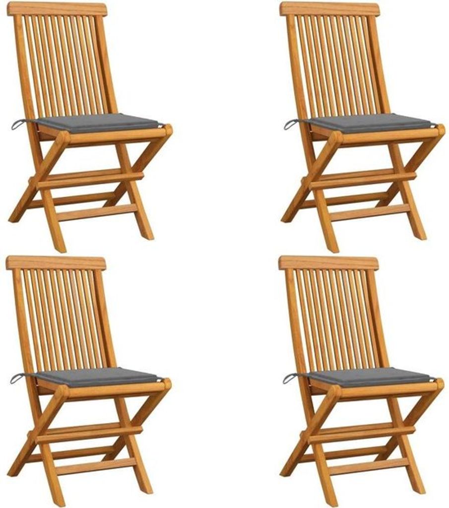 Gartenstühle aus massivem Teakholz mit grauen Kissen, 4er Set