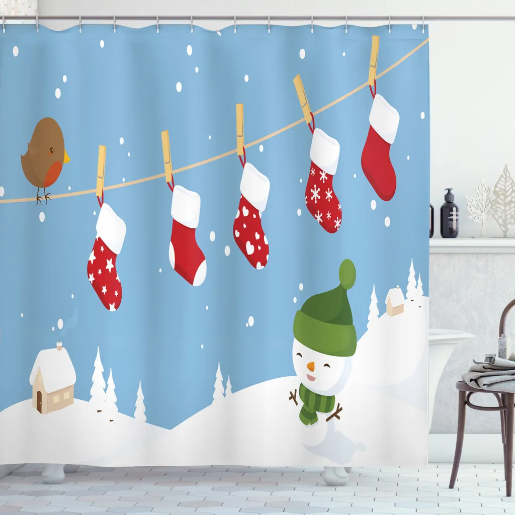 ABAKUHAUS Tenda Doccia Natalizia 175x240 cm Calzini e Uccellini Blu