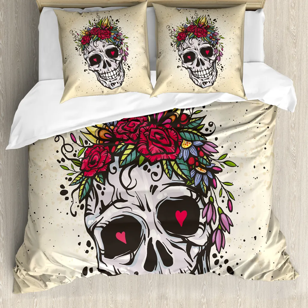 ABAKUHAUS Copripiumino Zuckerschädel, teschi boho, antiacaro, adatto a chi soffre di allergie, con federe, 155 cm x 220 cm - 80 x 80 cm, multicolore