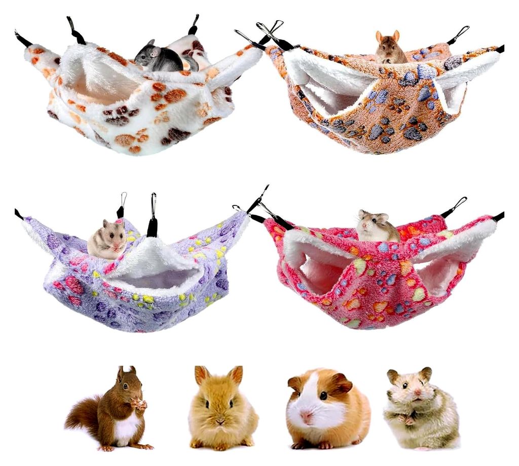 Hängematten für Kleintiere, 4 Stück Hängende Betten, Hängematte für Hamster, Doppelschicht, Warmer Plüsch, Für Meerschweinchen, Ratten, Chi...