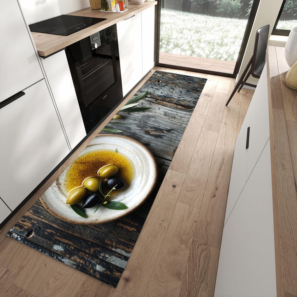 Küchenteppich 80x280cm rutschfest & abwischbar PVC Läufer - Oliven auf Teller