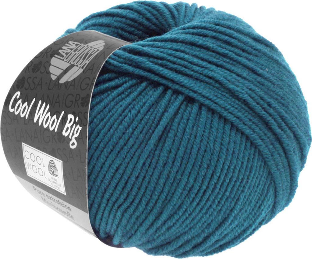 A ball of teal yarn with a label.