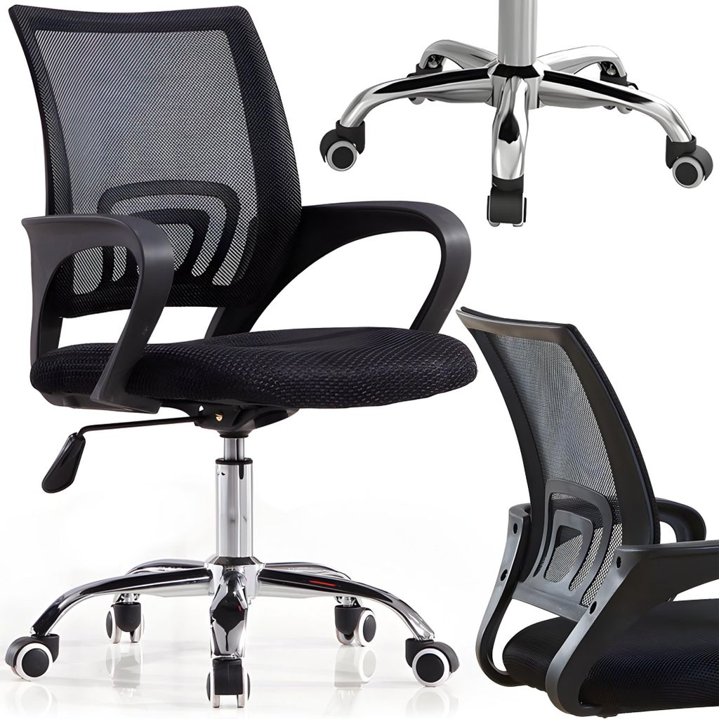 A collage of a black mesh office chair from different angles, including a close-up of the base with wheels and a view of the backrest.