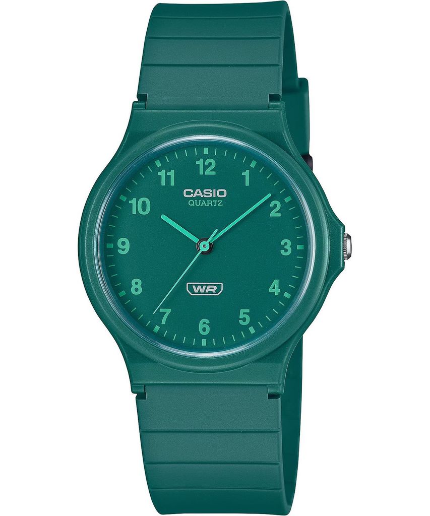 A green Casio watch is shown against a white background.