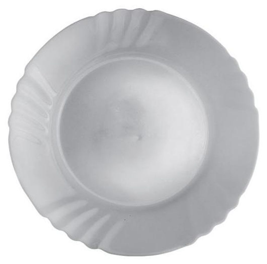 A white plate with a decorative rim is shown from a top-down view against a white background.