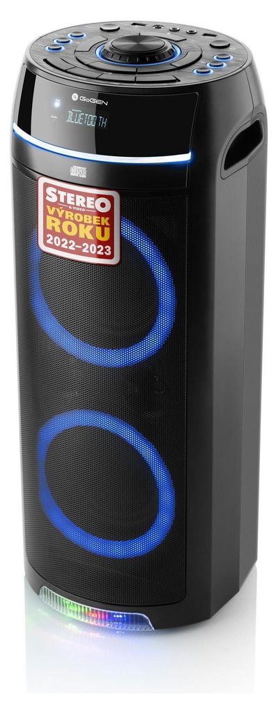 A black portable speaker with blue LED lights.