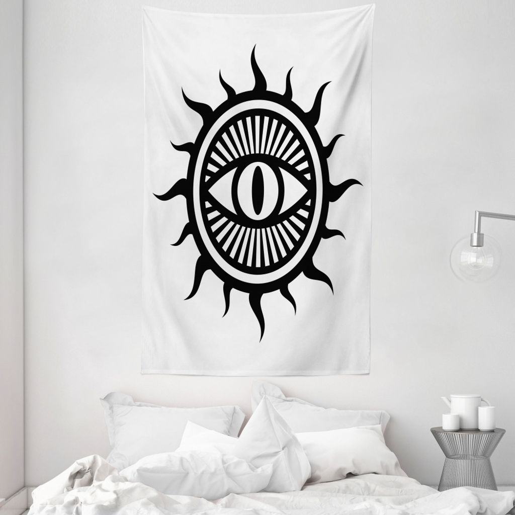 ABAKUHAUS Weiß Wandteppich und Tagesdecke, Occult Eye in Sun aus Weiches Mikrofaser Stoff Waschbar ohne Verblassen Digitaldruck, 140 x 230 cm, Sch...