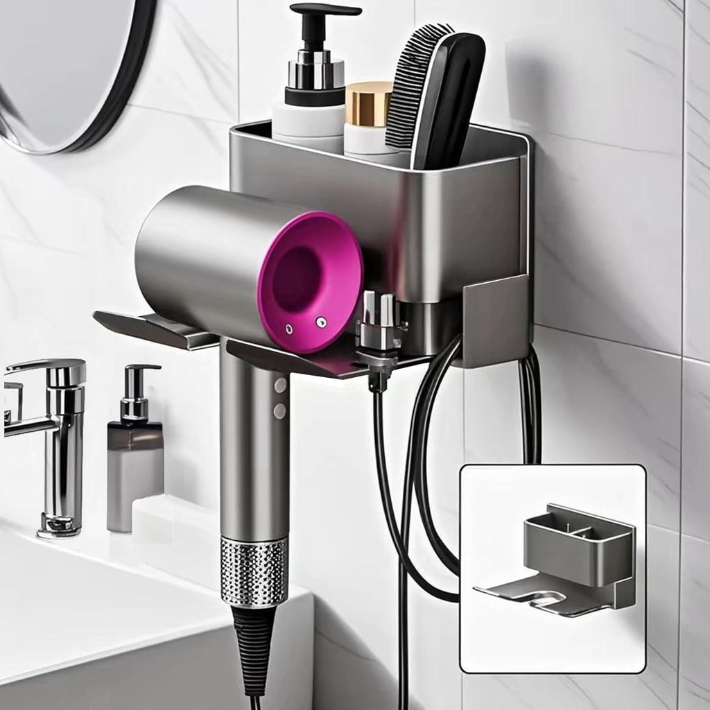 Šedý nástěnný držák na fén, který nevyžaduje vrtání a je Obrázek produktu 