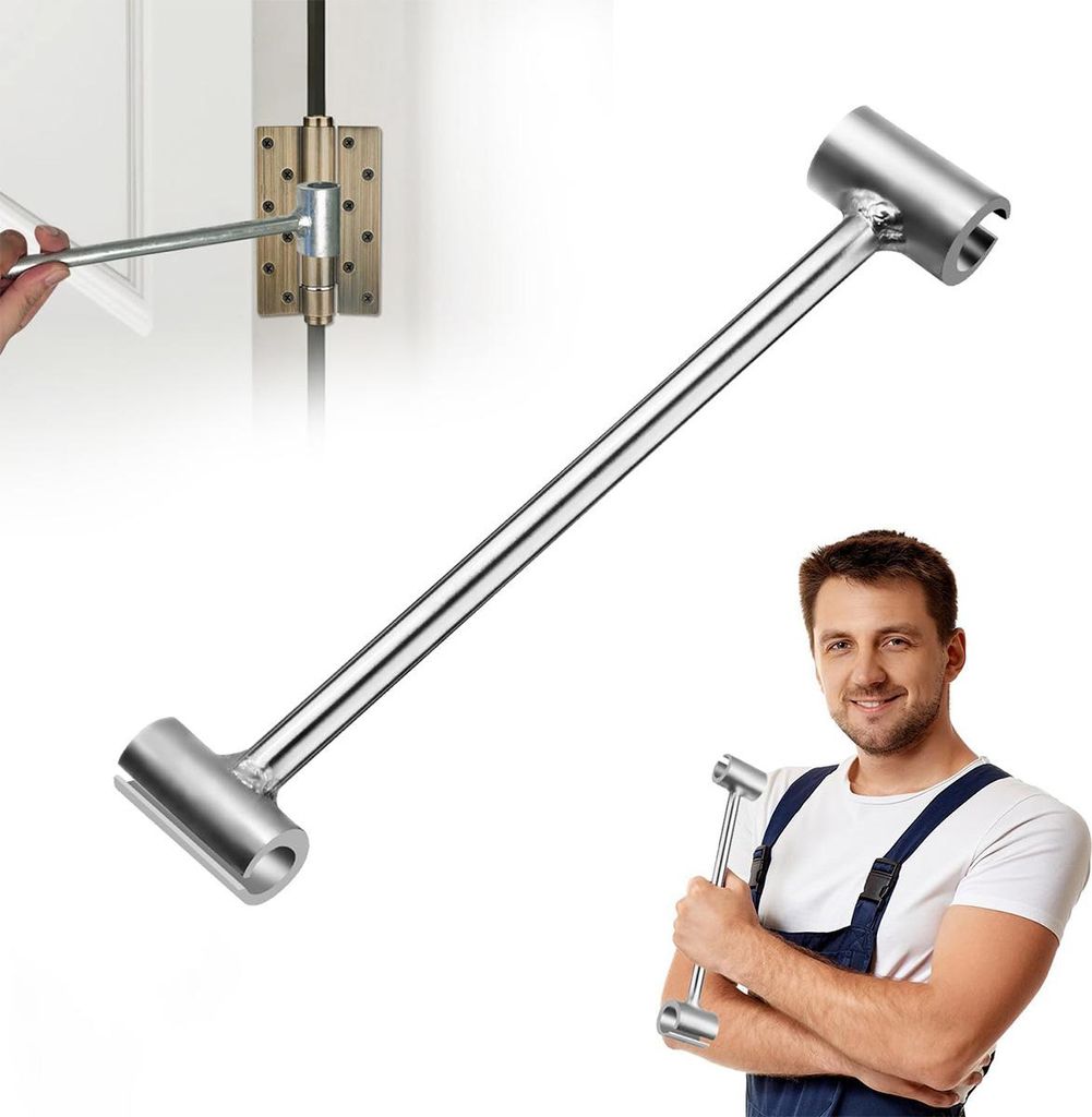 A tool for adjusting door hinges, shown with a person and a demonstration.
